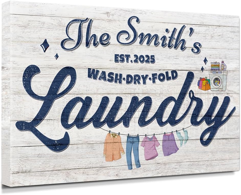 IPIC - Personalized Laundry Room Sign, Custom Canvas Wall Art with Family Name, Rustic Home Decor Printed Acid-Free Cotton Canvas for Business and Home, Made in USA and Ready to hang for Laundry Decor