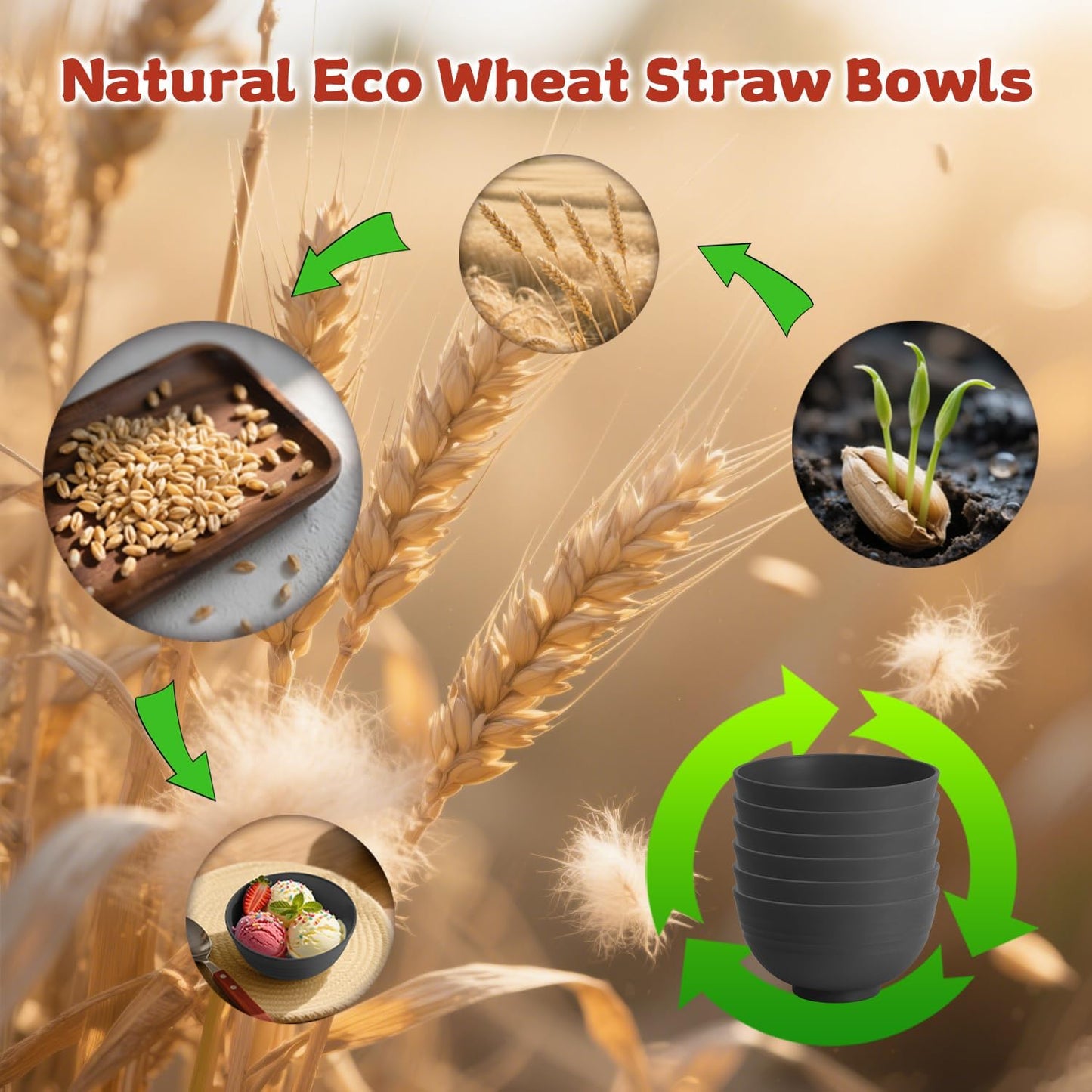 Wrova Handy Wheat Straw Bowls Set of 6,Unbreakable Ice-Cream Bowls Sets for Kids,10oz Small Dessert Bowls for Kitchen,Camping and RV.Black Series