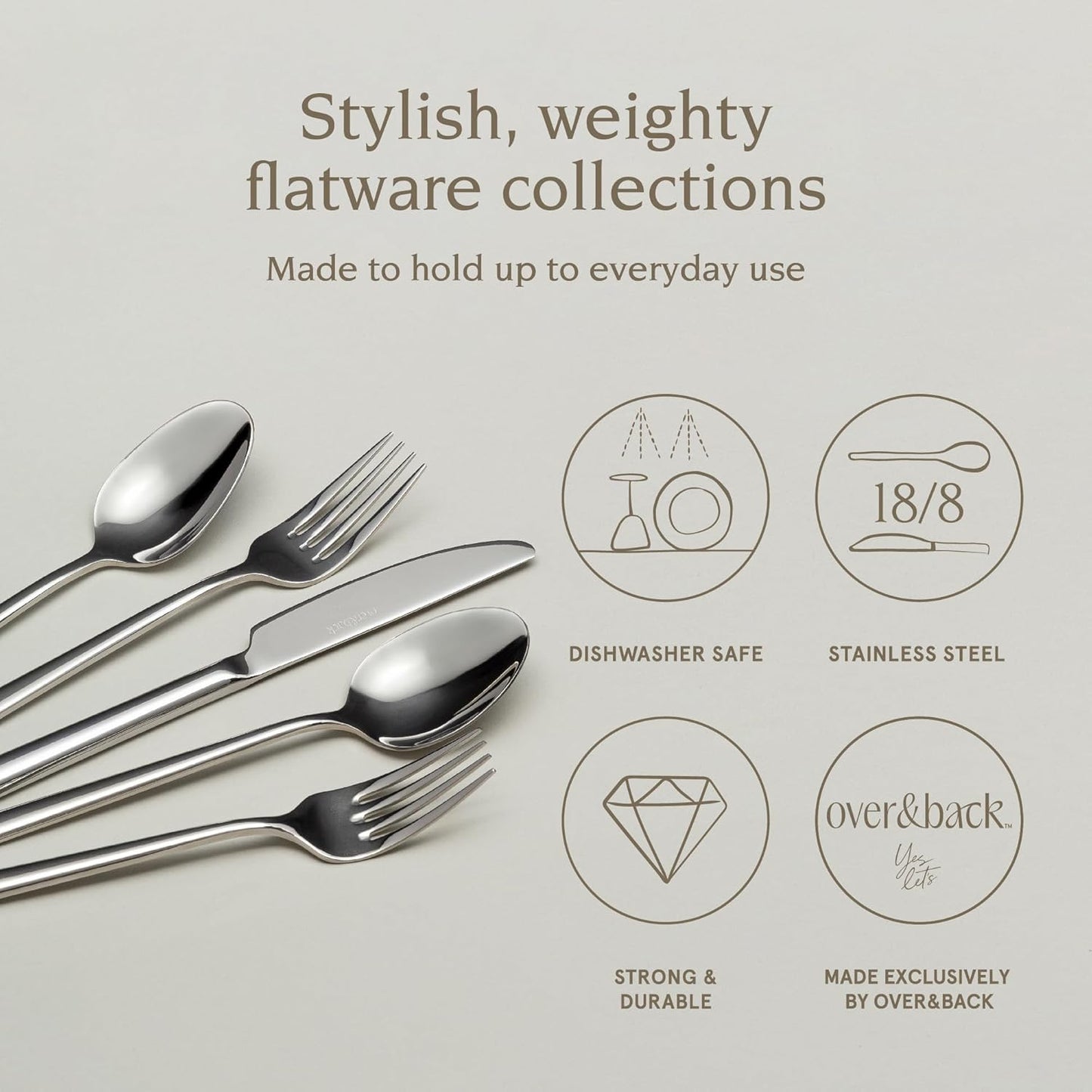 over&back 20pc Modern Flatware Cutlery Set - Comes with 4 Dinner Forks, 4 Salad Forks, 4 Dinner Knives, 4 Dinner Spoons, and 4 Teaspoons - 18/8 Stainless Steel - Dishwasher-Safe - Mirror Stainless