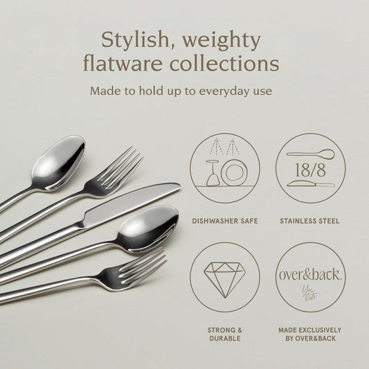 over&back 20pc Modern Flatware Cutlery Set - Comes with 4 Dinner Forks, 4 Salad Forks, 4 Dinner Knives, 4 Dinner Spoons, and 4 Teaspoons - 18/8 Stainless Steel - Dishwasher-Safe - Mirror Stainless