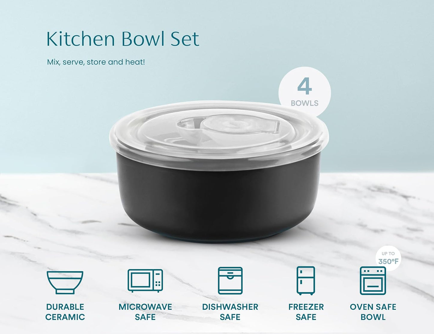 KooK Ceramic Mixing Bowls, Nesting Bowls, Set of 4, Kitchen Bowls, Prep, Serving, Gift, Microwave and Dishwasher Safe, 10/16/29/47 oz, (Black)