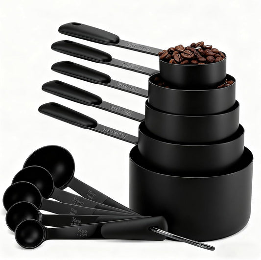 Measuring Cups and Spoons Set, Stainless Steel 10 Piece for Cooking and Baking (5 Cups + 5 Spoons, All Black)