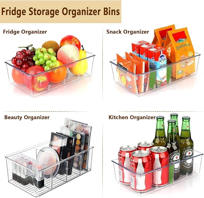 6 Pack Pantry Organizers and Storage,4 compartment Snack Containers for Kitchen,Fridge,Refrigerator Organization and Storage,Clear Plastic Bins for Spice,Tea bag,Seasoning organizer