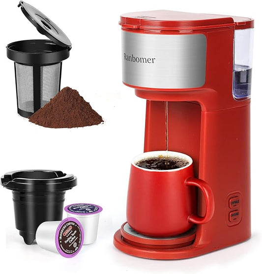 K Cup Coffee Maker, Single Serve coffee machine or Ground Coffee Machine 2 in 1, 6 to 14 Oz Brew Sizes, Mini One Cup Coffee Maker with Self cleaning Function, Fits Travel Mug (Red)