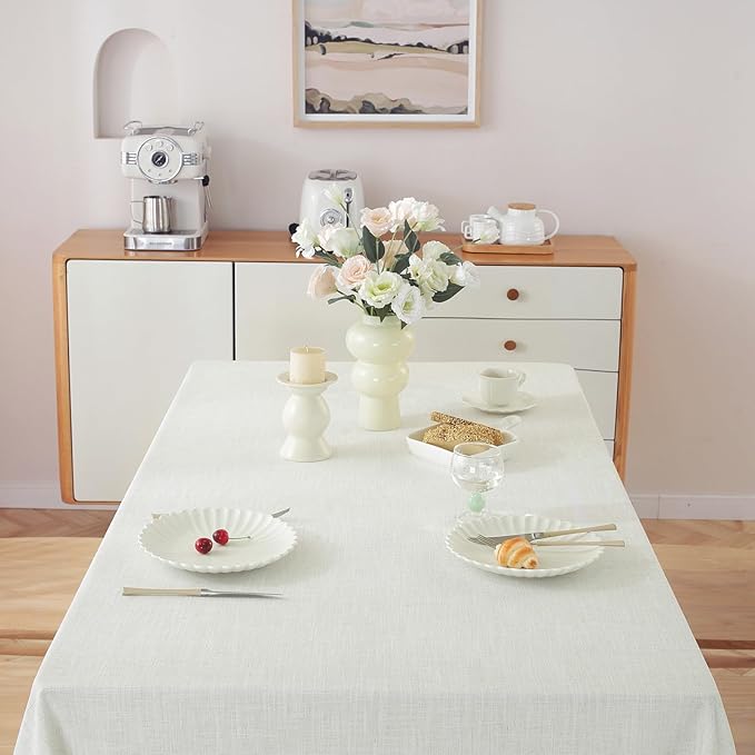 JIALE Textured Tablecloth, Heavy Duty Linen Style Table Cloth Rectangle Tables, Wrinkle-Free Washable Waterproof Table Cover with Black Tassels for Kitchen, Dining, Parties, 55"x75", White