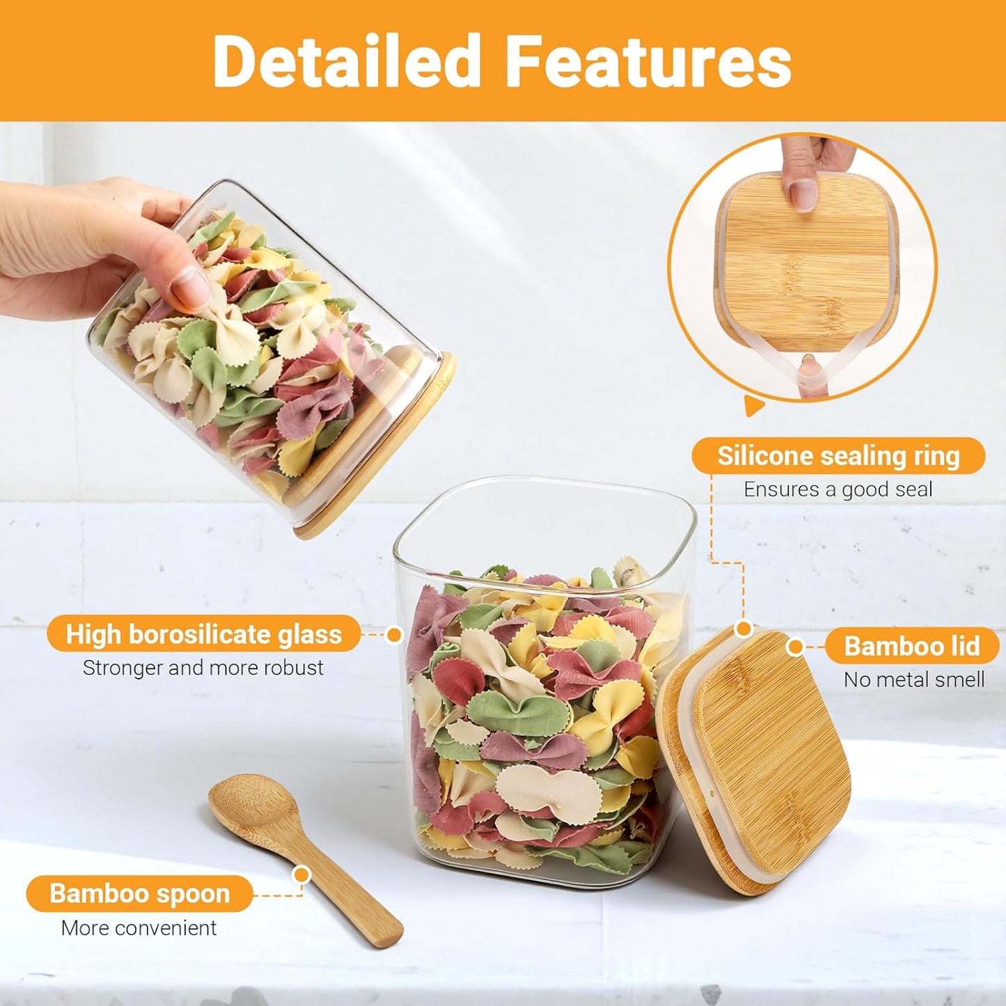 Glass Storage Jars, 4 Pack 29 Fl.oz Square Glass Jars with Bamboo Lids, Clear Kitchen Pantry Storage Containers for Sugar, Coffee, Flour, Tea, Candy - Set Comes with Labels, Marker and Spoon