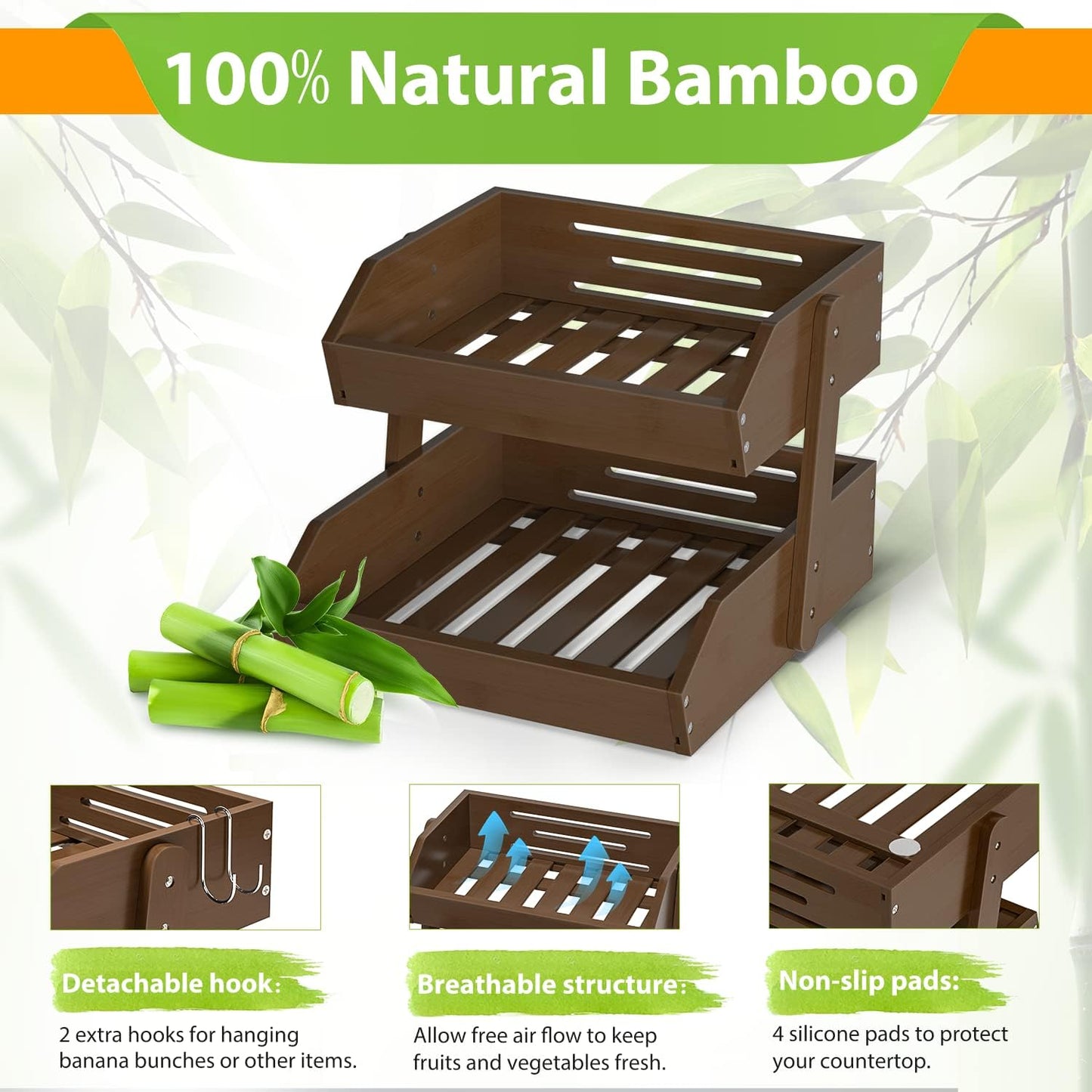 Bamboo Fruit Basket for Kitchen – 2 Tier Fruit Bowl For Kitchen Counter, Large Fruit Holder With 2 Banana Hangers, Idea For Fruit and Vegetable Storage, Bread Basket, Snack Organizer(WALNUT)