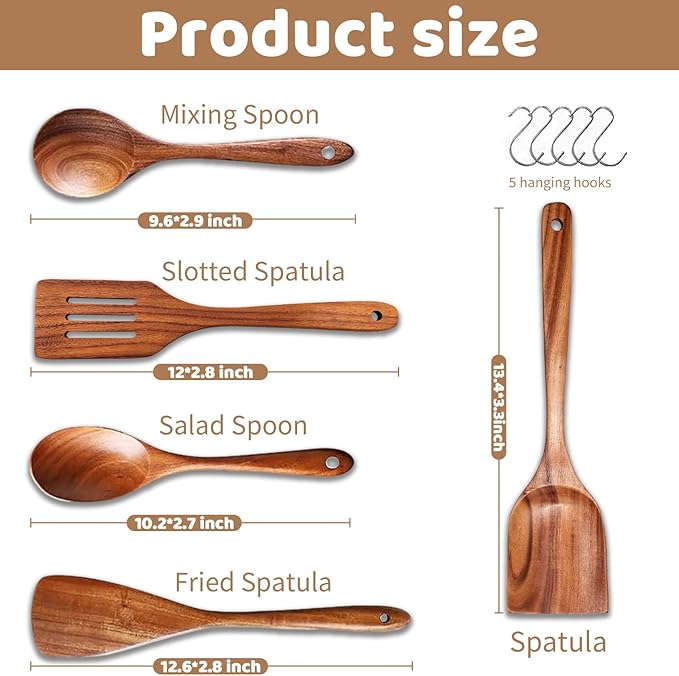 5 PCs Teak Wooden Utensil Set with Hooks, Wooden Spoons for Cooking, Wood Cooking Utensils Set, Comfort Grip, Non Stick Cookware, Easy to Clean, Kitchen Stuff, Wood Spatula