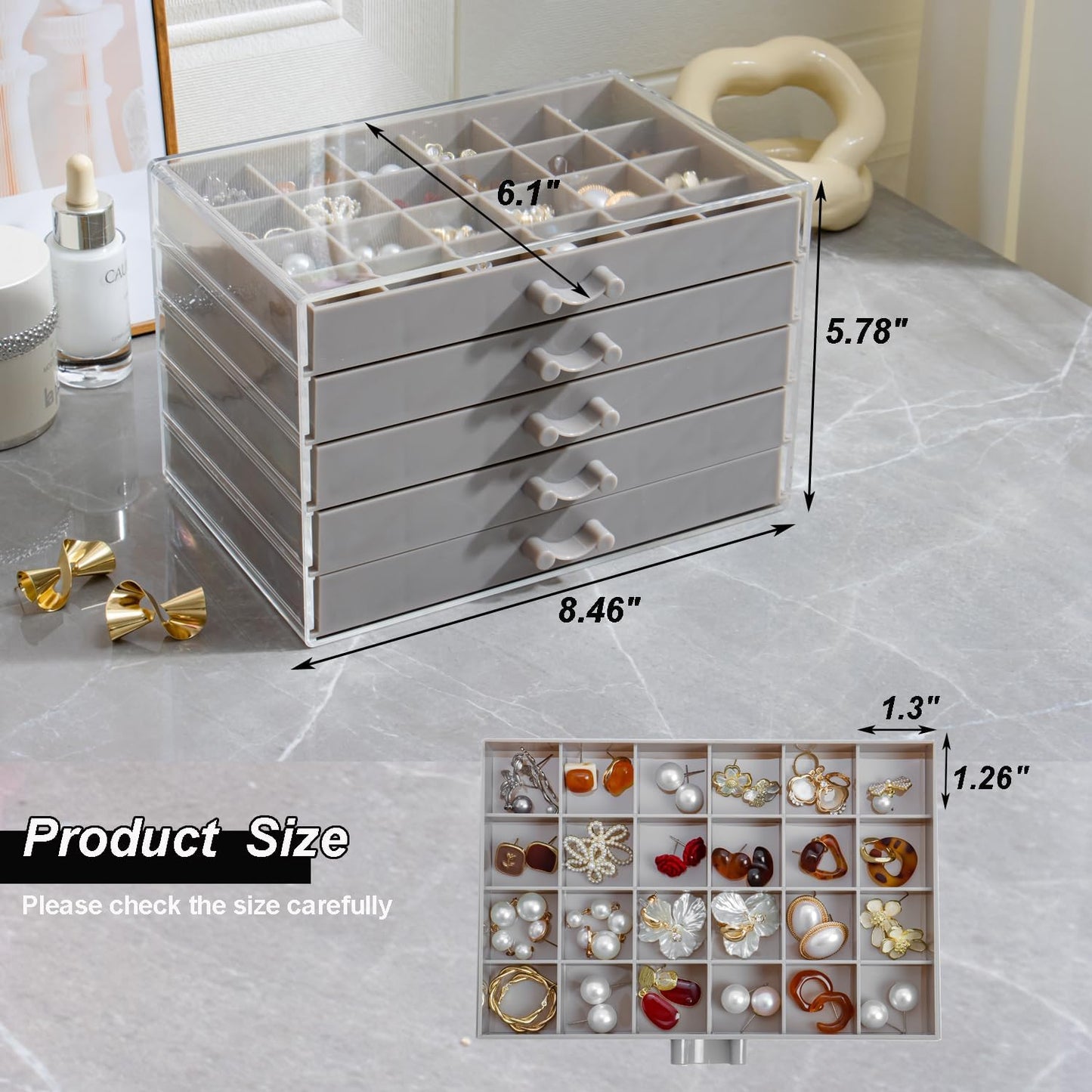 Earring Storage Box Organizer, Acrylic Jewelry Storage Box Holder 5 Drawers Transparent Jewelry Display Stand with 120 Small Compartments Gift Boxes for Women Girls (Gray)