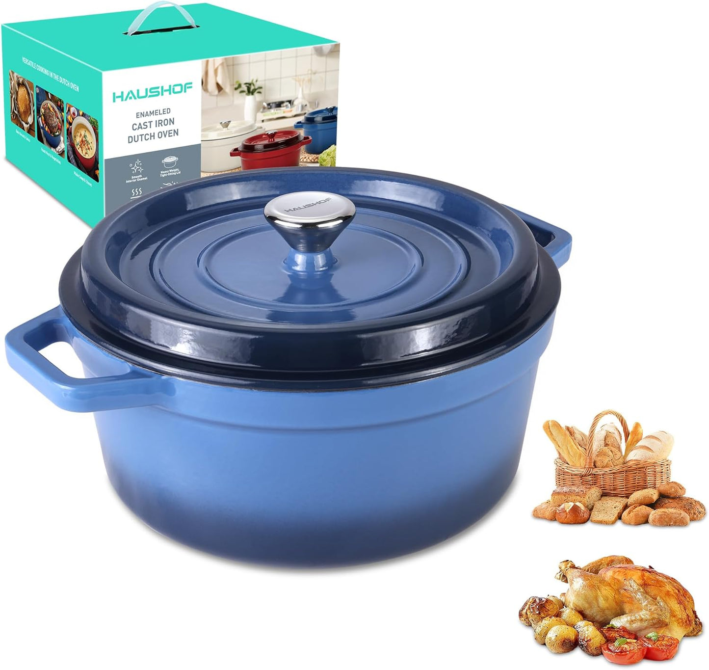 HAUSHOF 5.3QT Enameled Cast Iron Dutch Oven with Lid, Non-Stick Pot for Sourdough Bread Baking, Stewing, Rosting, Blue