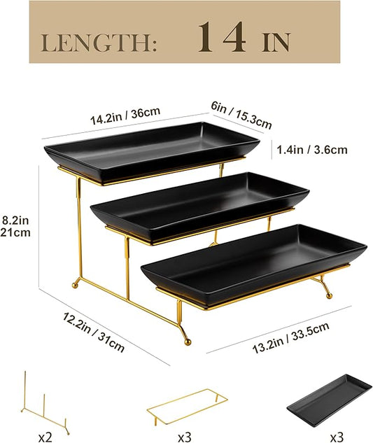 MALACASA 3 Tier Serving Trays for Party, 14 Inch Porcelain Black Trays for Serving Food, Dessert Stand with Collapsible Gold Metal Rack