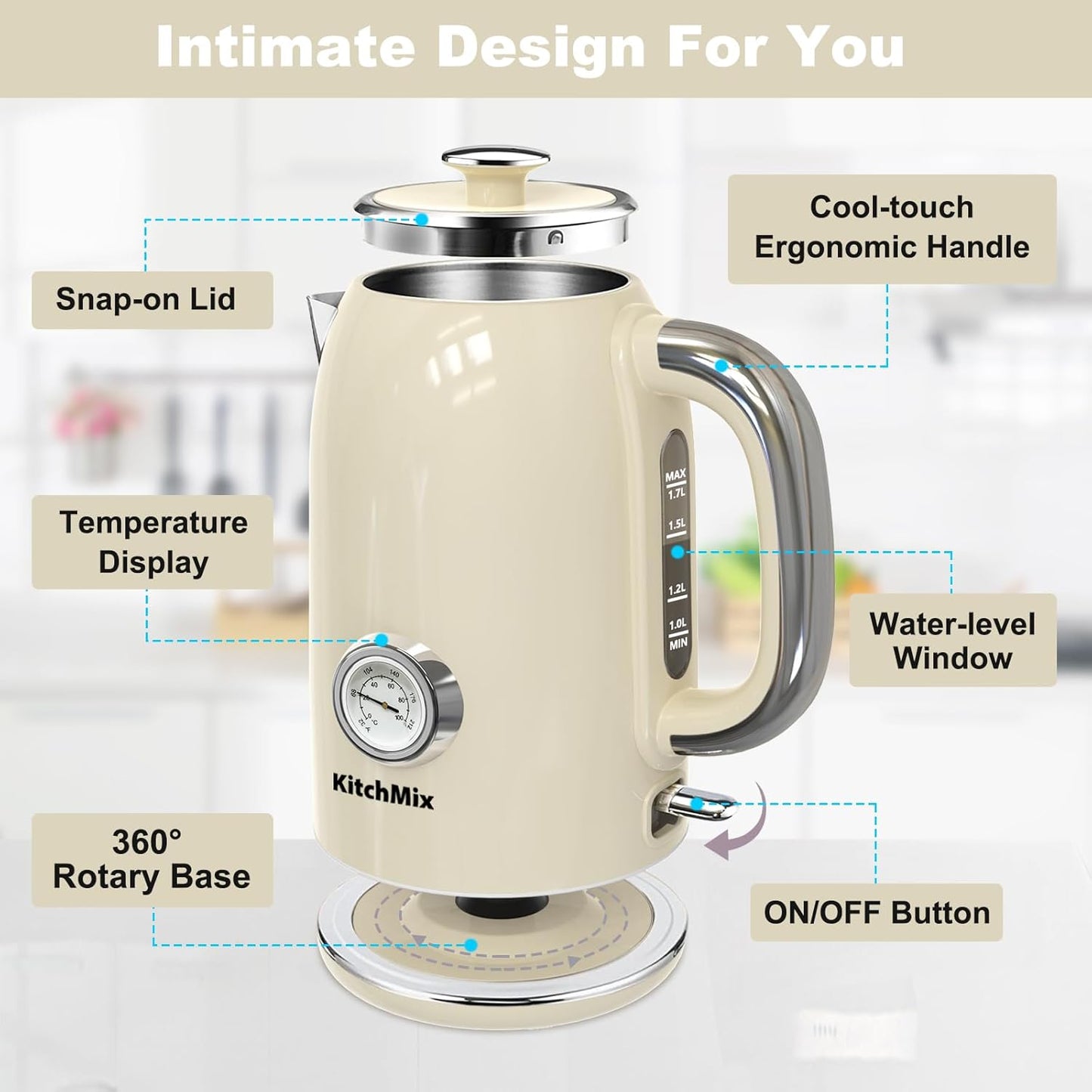 Electric Stainless Steel Tea Kettles1500W-1.7L-with Thermometer, Auto Shut-Off & Boil-Dry, Cool Touch Handle, BPA Free Kettle & Hot Water Kettle (Beige)