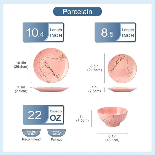 LOVECASA Pink Dinnerware Sets for 4, 12 Piece Porcelain Plates and Bowls Sets, Gold Splash Dish Set, Modern Ceramic Dinner Set, Dishwasher Microwave Safe