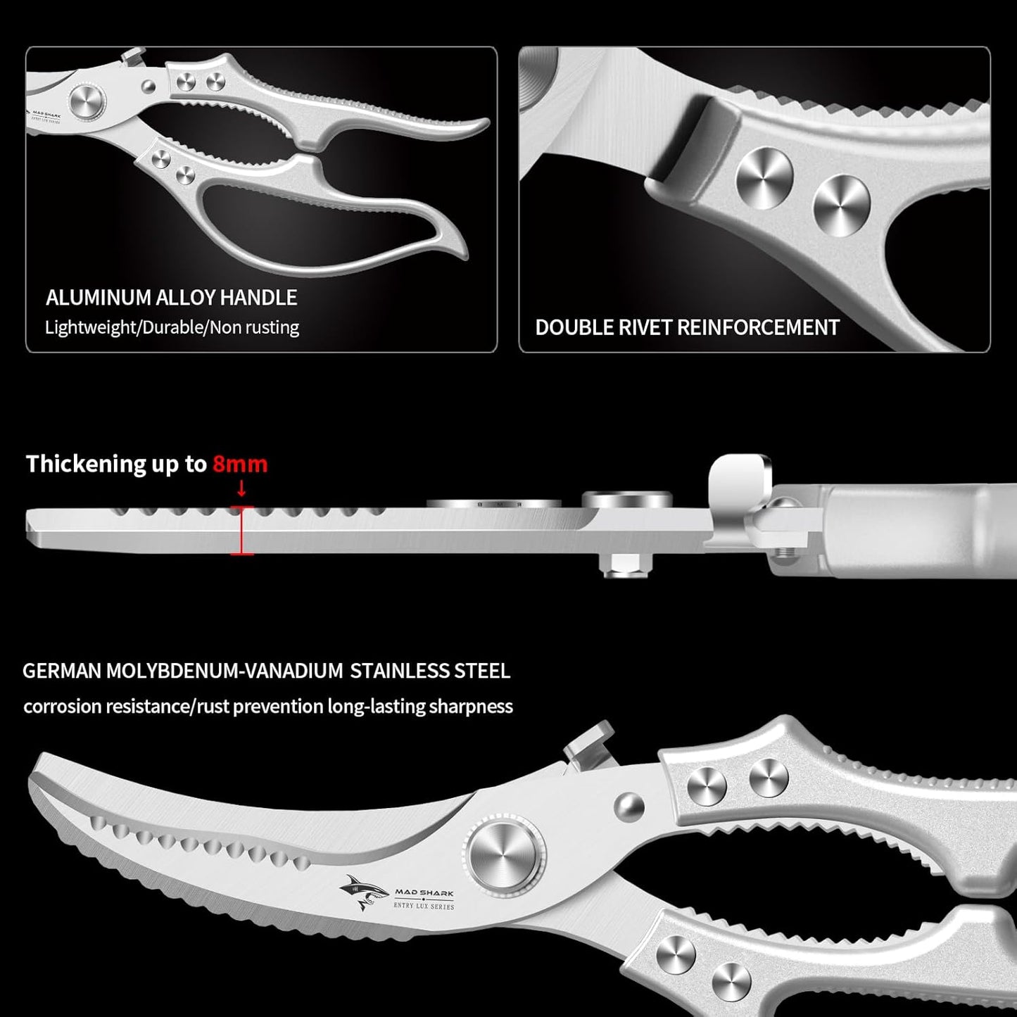 MAD SHARK Heavy Duty Poultry Shears, Kitchen Shears with Non-Slip Handle & Safety Lock, All Purpose Kitchen Scissors for Chicken, Meat Cutting, Turkey, Fish, Vegetables, Spring Loaded, Dishwasher Safe