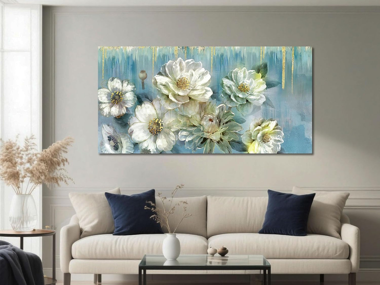 Ardemy Floral Canvas Wall Art for Living Room Large Magnolia White Flowers Teal Pictures Wall Decor Textured Painting ModernTurquoise Artwork Bathroom Bedroom Dining Room Home Office, 40"x20"