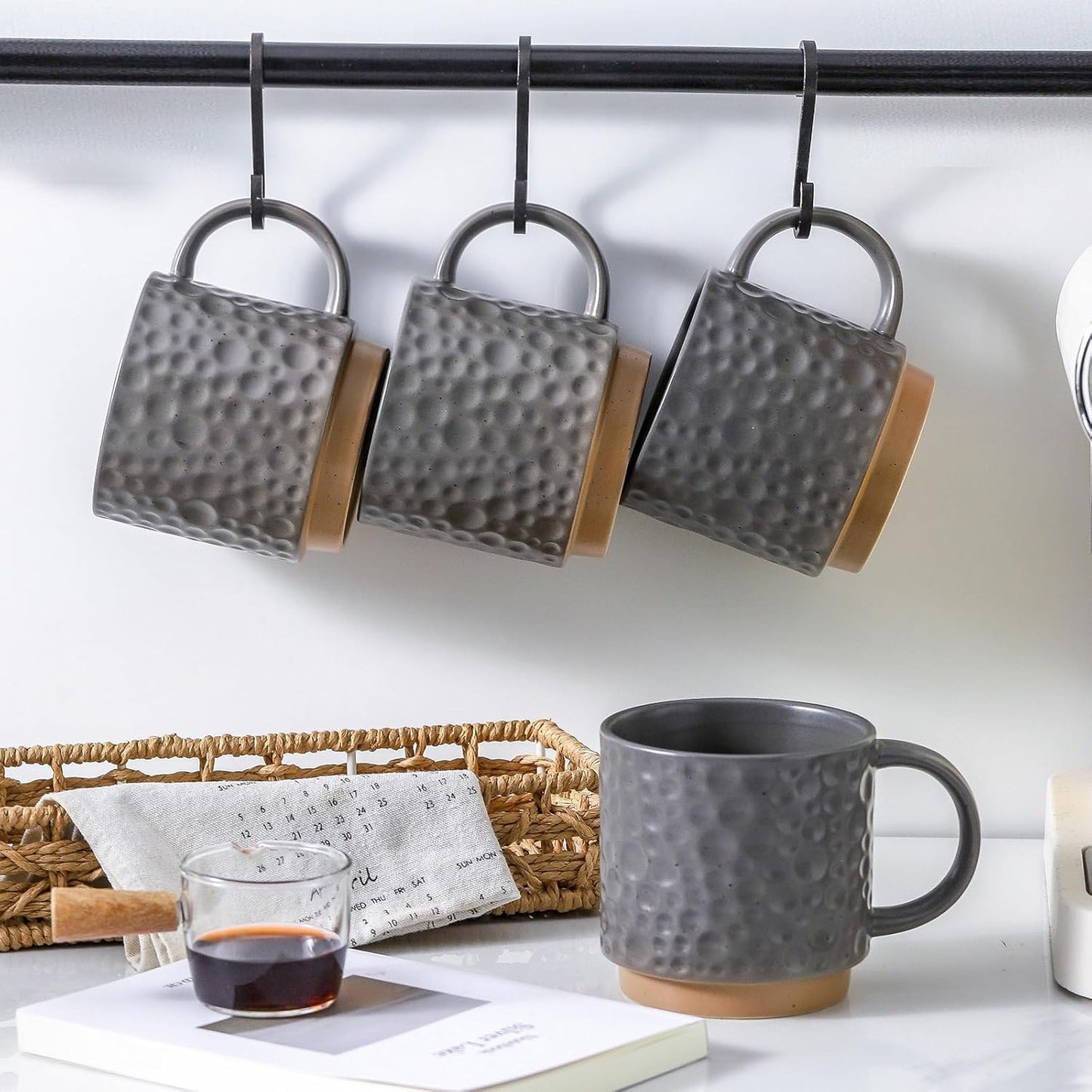 Nihow 16OZ Stackable Coffee Mug Set, Large Ceramic Coffee Mug Set of 4,Coffee Cup Set for Cappuccino/Latte/Cocoa,Dishwasher & Microwave Safe,Matte Gray