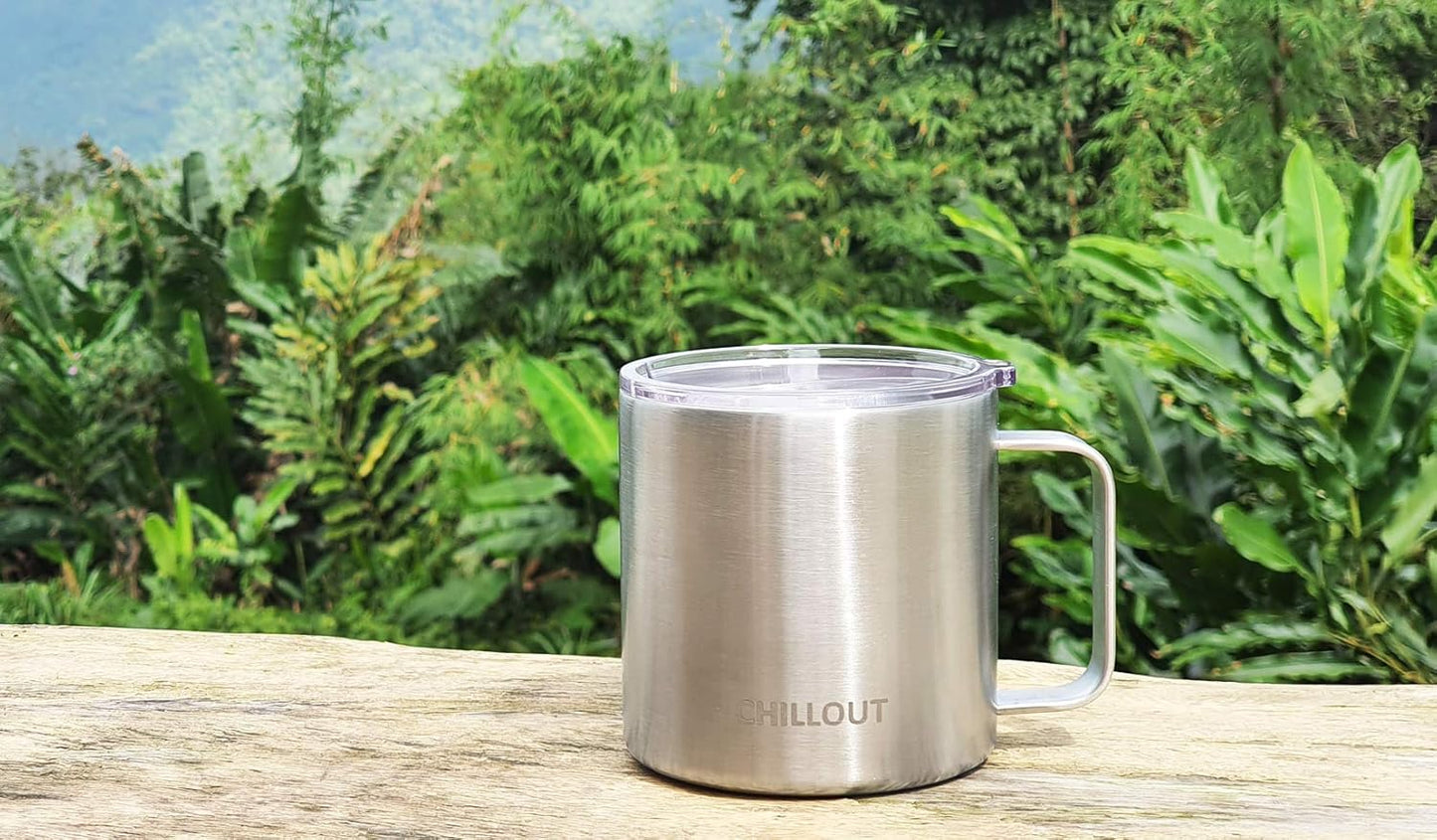 CHILLOUT LIFE Stainless Steel Vacuum Insulated Coffee Mug 16 oz (Set of 2) with Handle and Lid, Large Thermal Camping Coffee Mugs with Sliding Lid for Men & Women, Keeps Your Beverages Hot & Cold