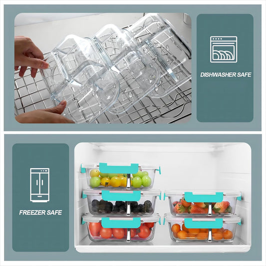 KOMUEE Glass Meal Prep Containers 3 Compartments, 5 Pack 36 oz, Glass Food Storage Containers with Lids, Airtight Lunch Bento Box, Portion Control, Freezer and Microwave Safe, Green