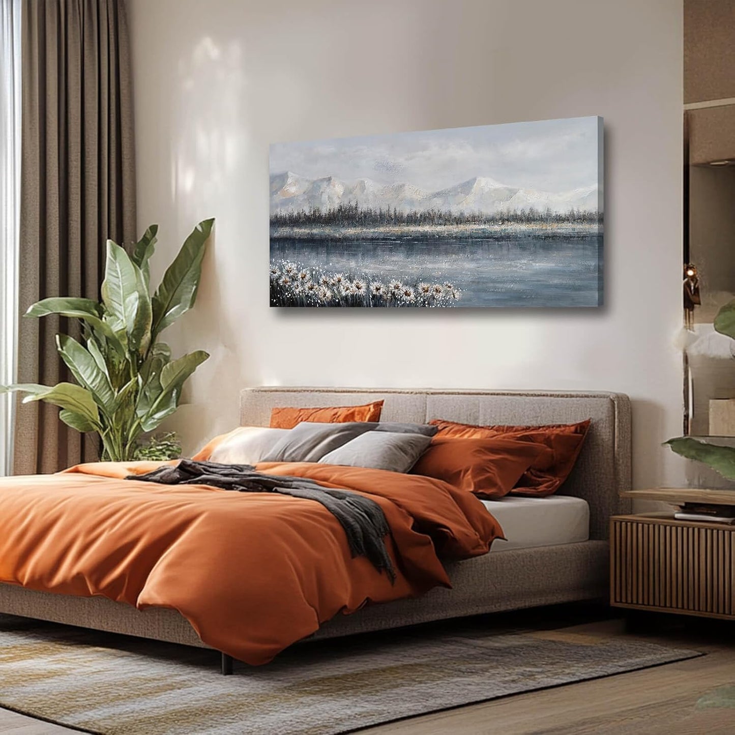 White Wall Art for Living Room Daisy Pictures Framed Floral Wall Decor Abstract Wall Art Mountain Landscape Artwork Office Arts for Home Office 29"x58"