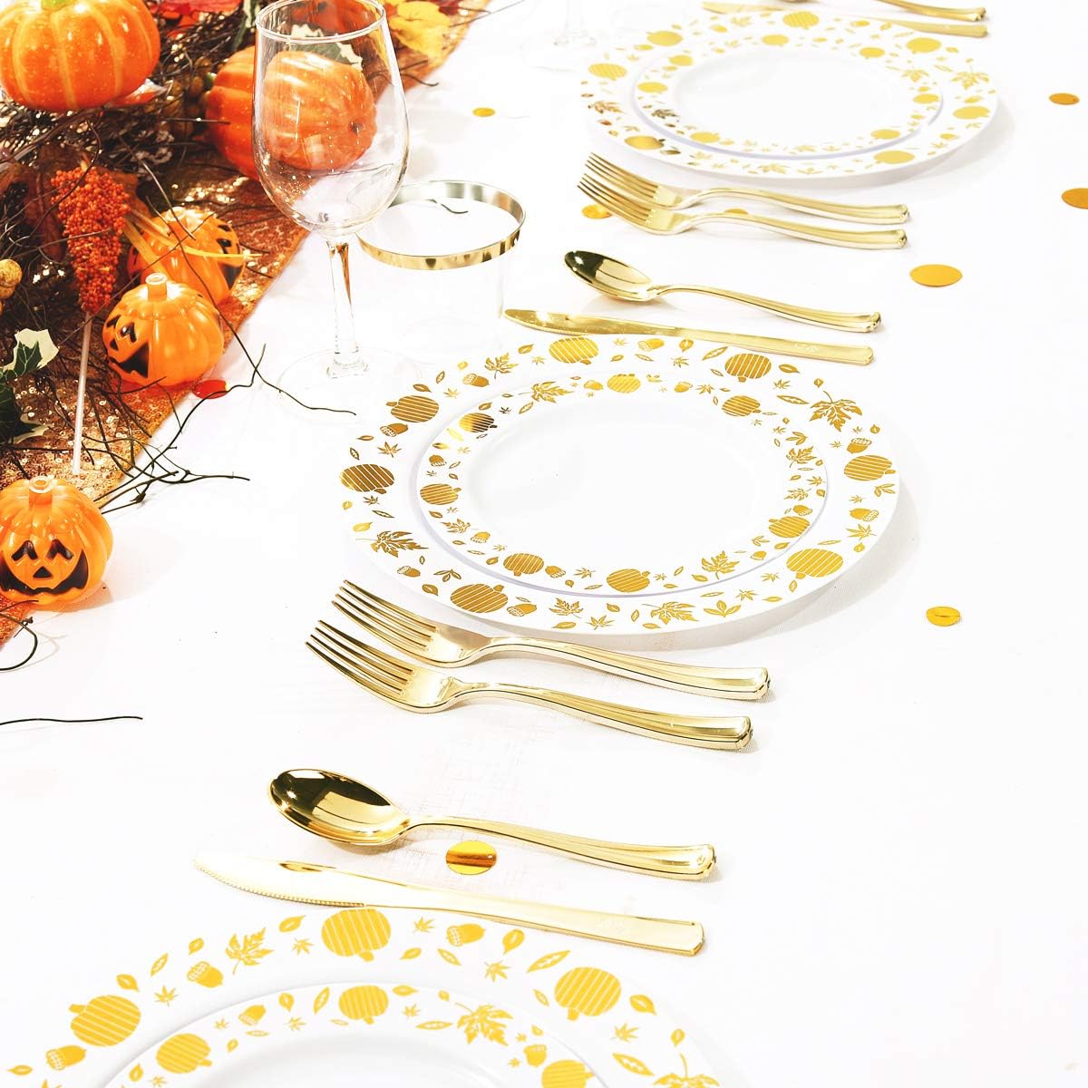 WDF 150pcs Gold Plastic Plates with Disposable Plastic Silverware - Premium Thanksgiving Dinnerware Sets for Thanksgiving Day&Parties