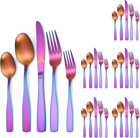 Matte Rainbow Silverware Stainless Steel Flatware Set for 6 Colorful Cutlery Set 30 pieces Include Forks Spoons and Knives for Kitchen Home Restaurant Satin Finish Square Edge Handle