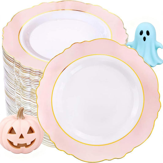WDF 60pcs Pink Dessert Plates - 7.5inch Baroque Pink &White Disposable Dessert/Appetizer Small Cute Cake Plates for Upscale Parties &Wedding-Special for Bridal Shower, Brithday, Baby Shower,Halloween