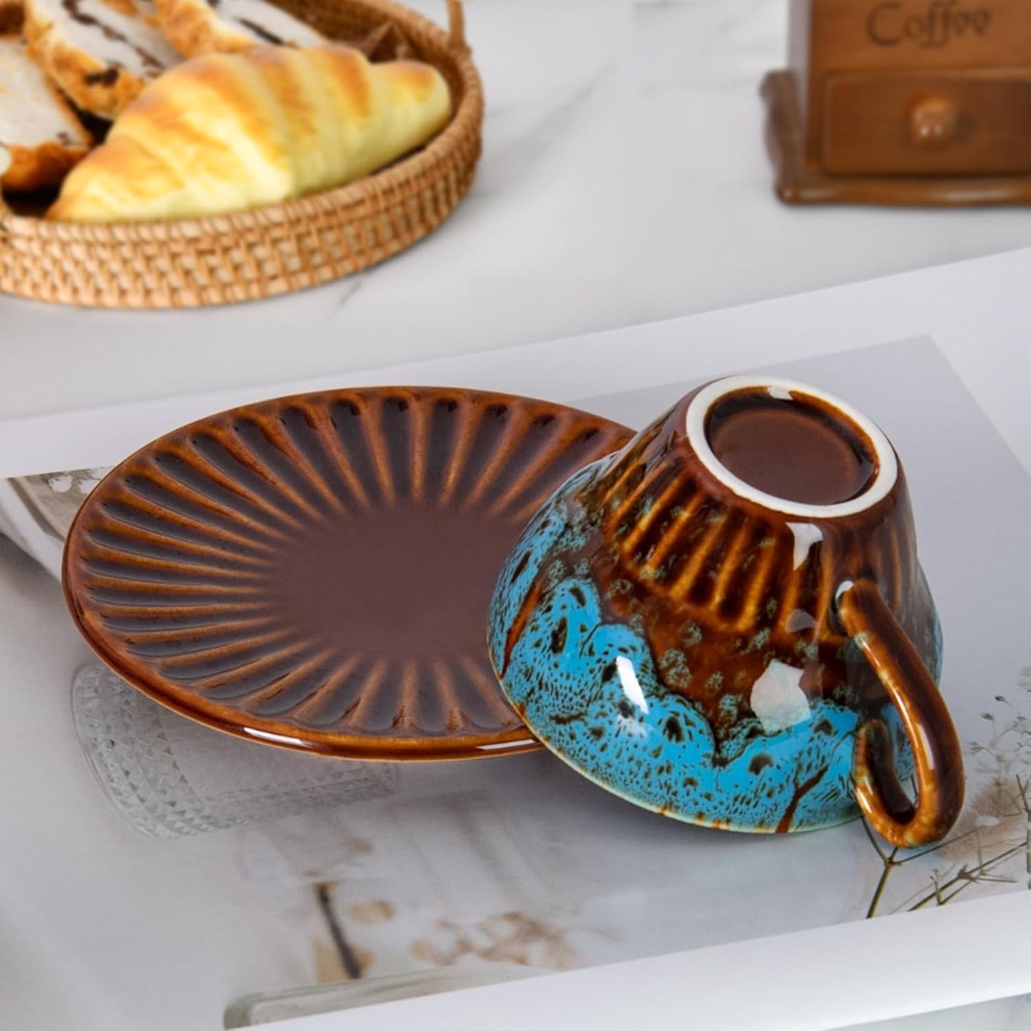 2 oz Espresso Cups Set of 2, Ceramic Cappuccino Cups with Saucers, Durable Porcelain Tea Set & Modern Coffee Cup Collection, Coffee Lover Gifts, Glazed Blue