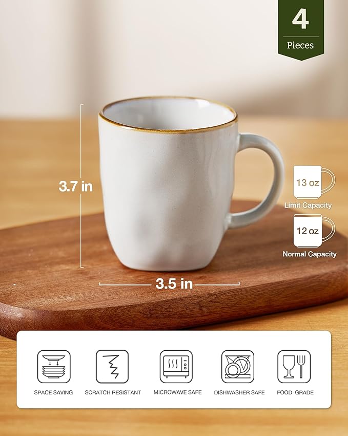 famiware Coffee Mugs Set of 4, Ocean Square 13oz Coffee Cup Set with Handle for Cocoa, Milk, Hot Chocolate, Stoneware Cups for Kitchen, Reactive Glaze, Microwave and Dishwasher Safe, Cappuccino White