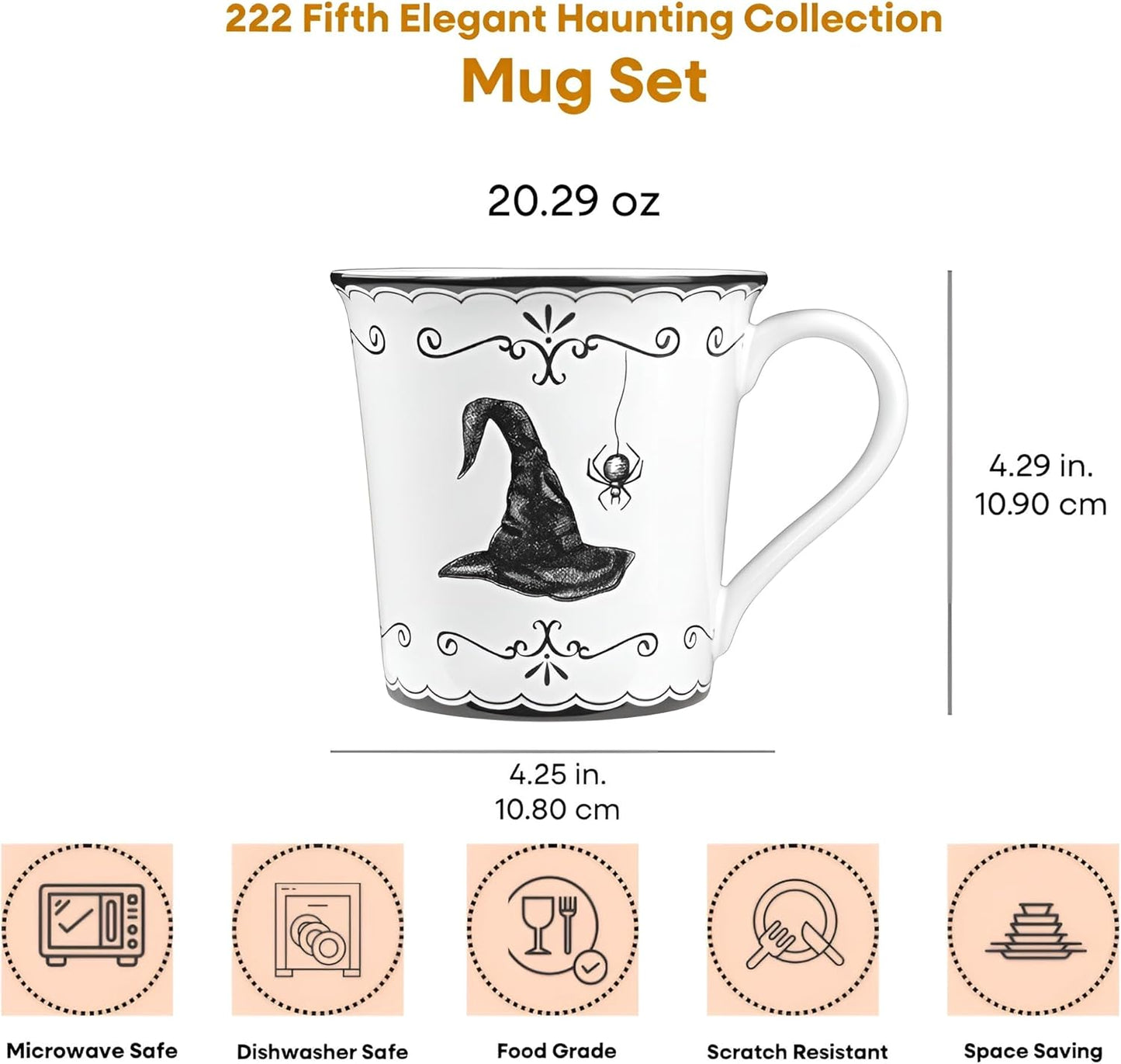 222 Fifth Elegant Haunting 4-Piece White Porcelain Halloween Mug Set - Witch Hat, Jack-o’-Lantern, Potion Bottles & Spider - 20.29 oz, Large Capacity Coffee Cups, Dishwasher & Microwave Safe