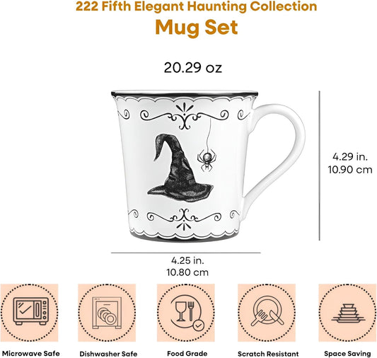 222 Fifth Elegant Haunting 4-Piece White Porcelain Halloween Mug Set - Witch Hat, Jack-o’-Lantern, Potion Bottles & Spider - 20.29 oz, Large Capacity Coffee Cups, Dishwasher & Microwave Safe