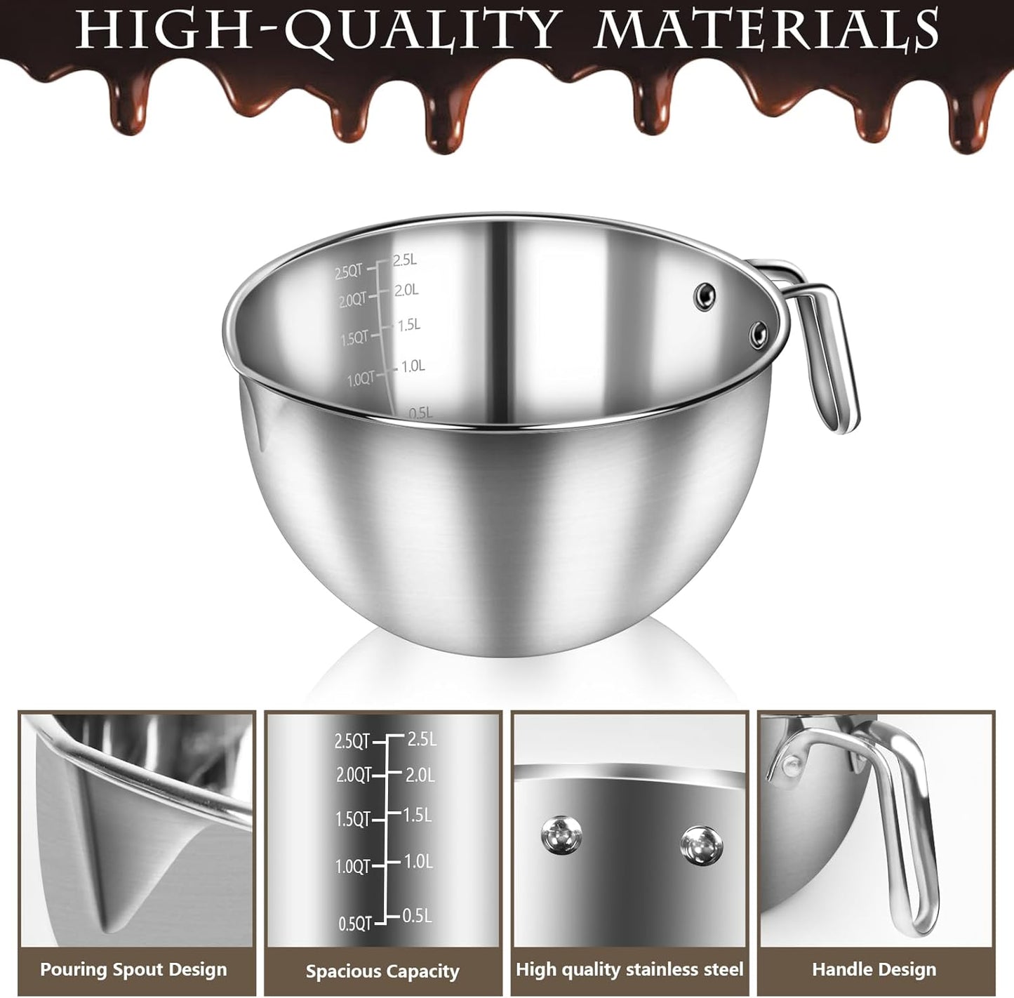 Artcome 304 Stainless Steel Double Boiler Set - 2.6QT Melting Bowl with Scale and Handle - 4.2QT Dual-Handle Pot - Stackable Water Bath Melting Pot Set for Butter, Chocolate, Wax, Sugar, Candle