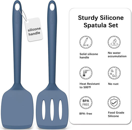 Coukre 2 Pack Silicone Spatula Set, High Heat Resistant, BPA Free Kitchen Spatula, Solid & Slotted Turner for Non-Stick Pans, Sautéing, and Flipping (2, PureDarkBlue)