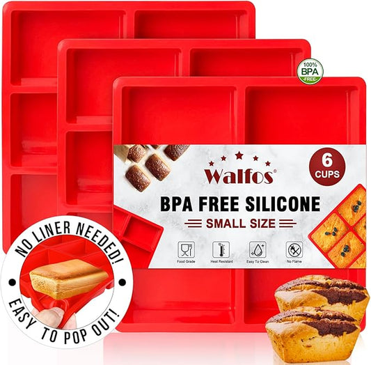 Walfos Silicone Mini Bread Baking Pan 6 Cavities Non-Stick Silicone Mini Loaf Pans 3 pcaks Food Grade Baking Mold For Bread, Cakes, Muffin, Dough, Easy Pop Out and Dishwasher Safe