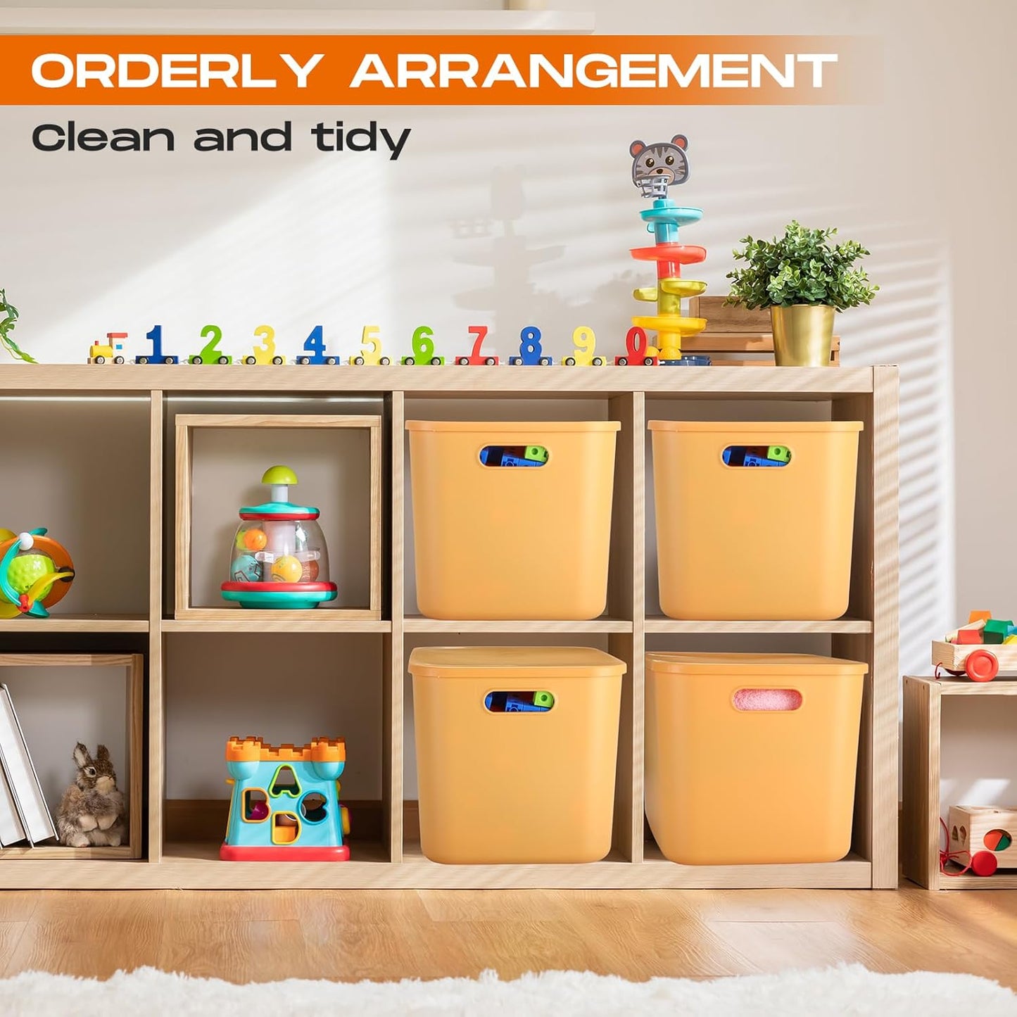Hoolerry 8 Pieces Colorful Storage Bins with Lid, Plastic Storage Basket Organizing Container Stackable Box with Handle for Shelves Desktop Playroom Office(14.2 x 10.2 x 9.5 Inch,Yellow)