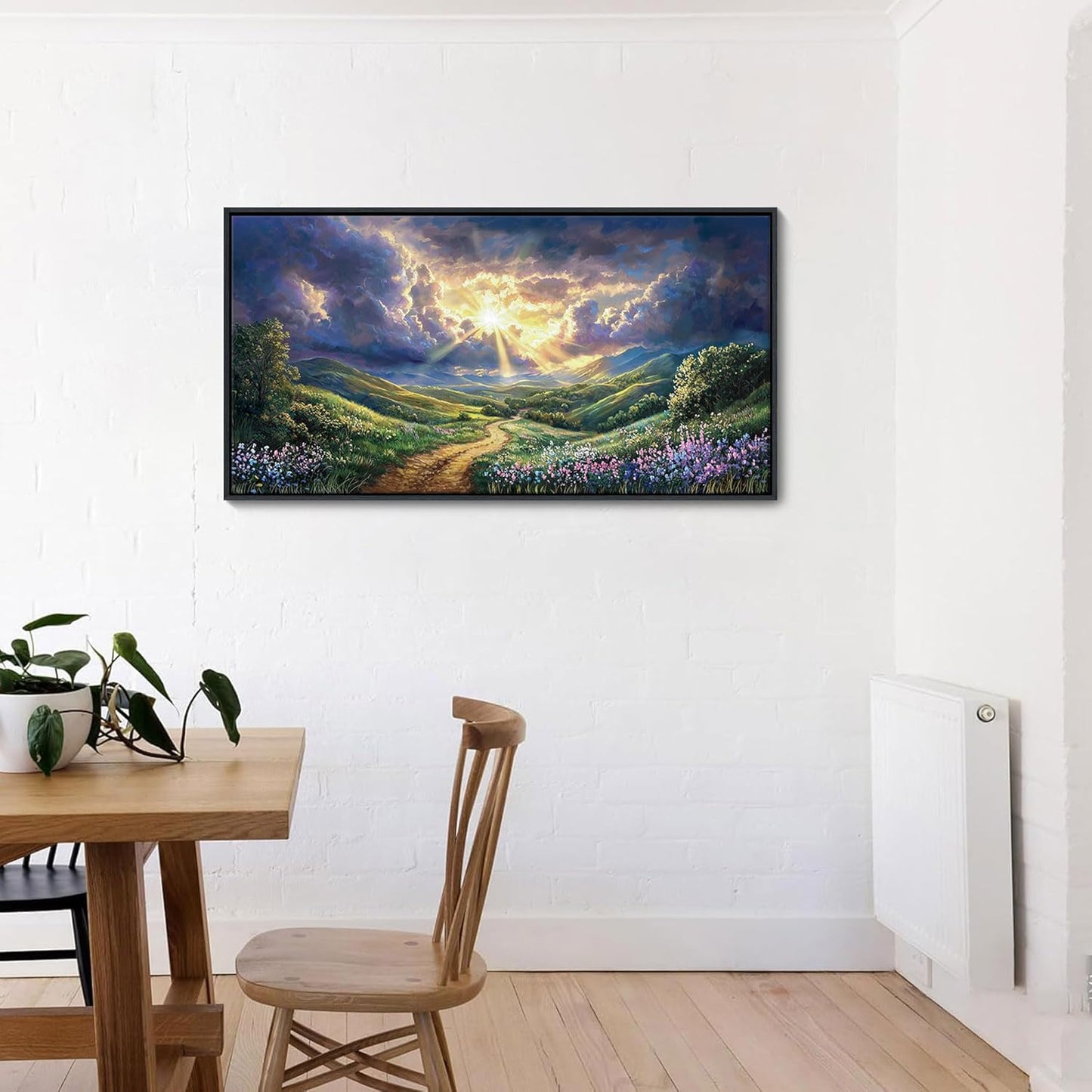 HKDGOKA Landscape Canvas Wall Art, Green Mountains Purple Clouds Flower Scenery Pictures Paintings Framed Artwork for Living Room Bedroom Bathroom Office Kitchen Home Wall Decor 20x40 IN