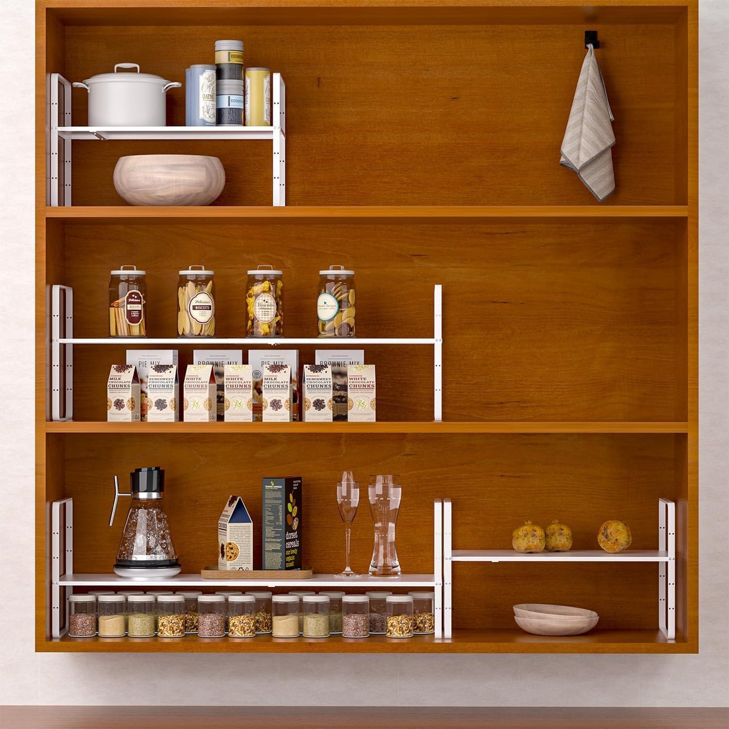 Redrubbit Expandable Cabinet Shelf Organizers, Stackable Kitchen Counter Shelves Spice Rack for Kitchen Bathroom Pantry Cupboard Desk Home Office, White-Large