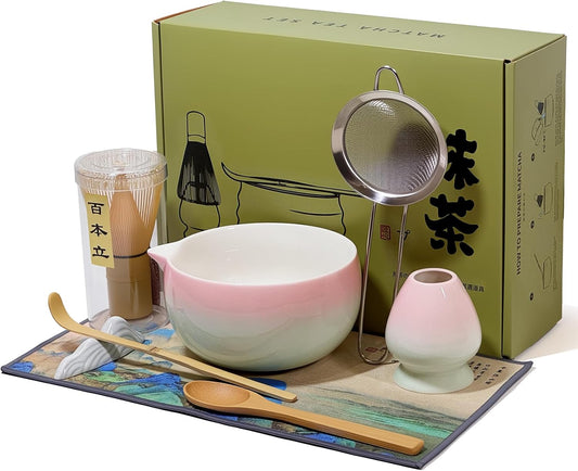 Matcha Whisk Set with Ceramic Bowl - Bamboo Whisk (Chasen), Scoop, Sifter & Holder - Complete Kit for Traditional Matcha Tea - Unique Gifts for Tea Lovers (Sakura Moss Fade)
