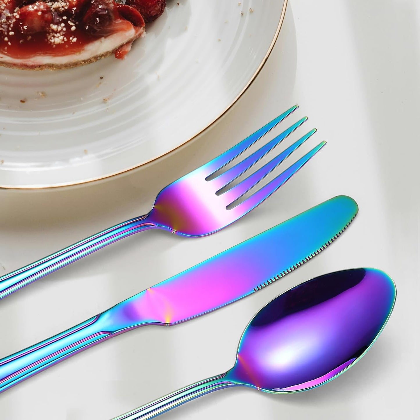 Colorful Forks Spoons Knives Silverware Rainbow Flatware Set for 4 Kitchen 20 Pieces Stainless Steel Cutlery Modern Eating Utensils Double Line Edges Handle