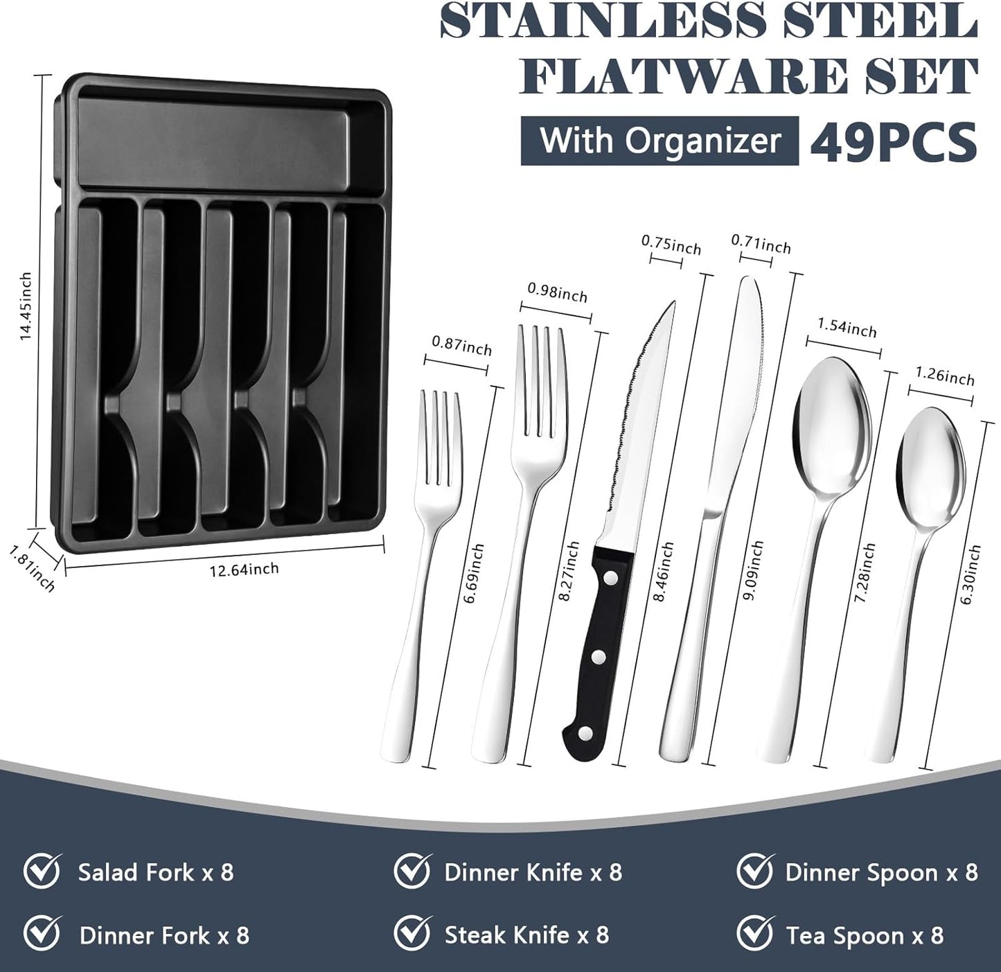 BEWOS 49-Piece Silverware Set with Organizer - Stainless Steel Silverware Set for 8 with Steak Knives and Drawer Organizer, Mirror Polished Flatware Set for Home and Restaurant, Dishwasher Safe