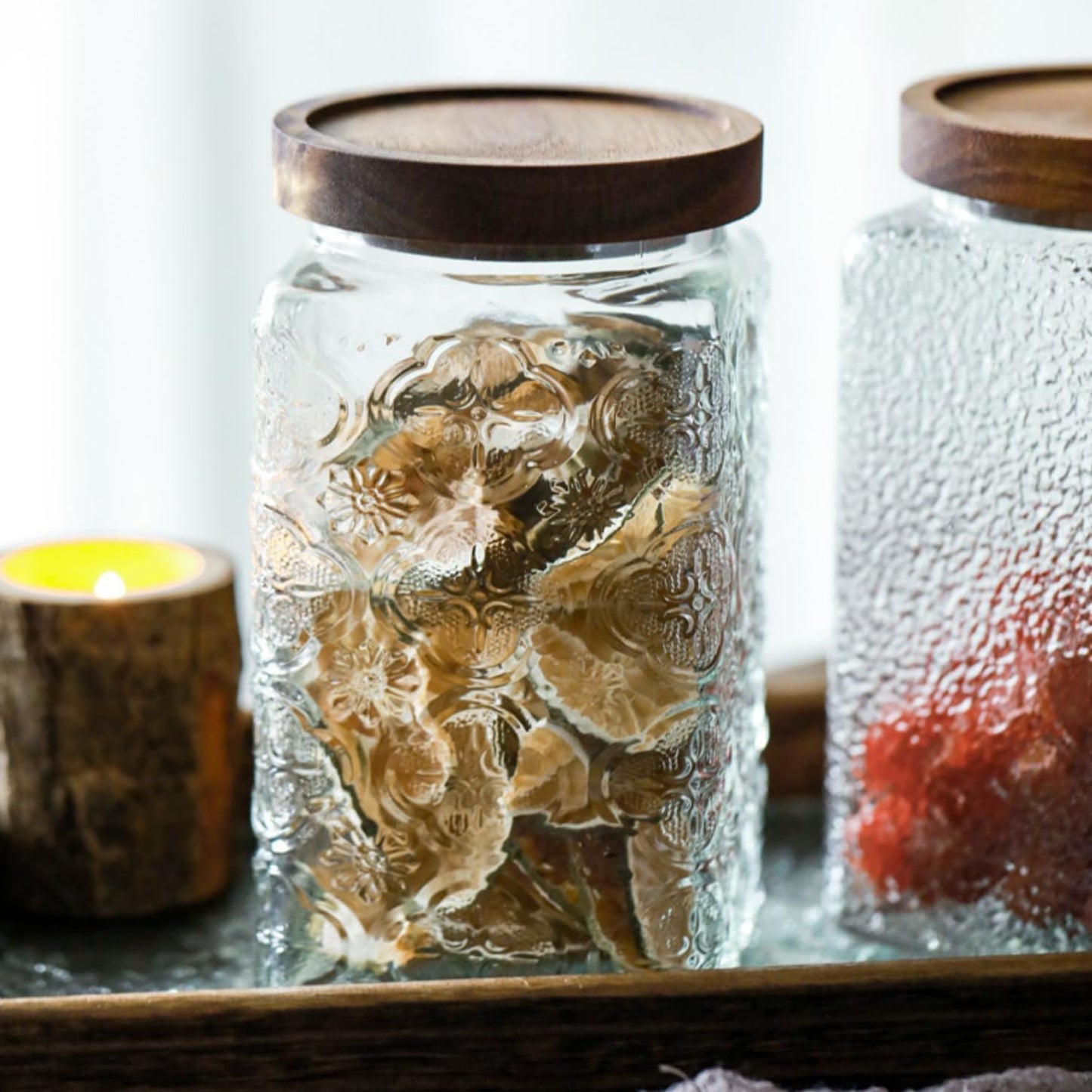 ANSQU Vintage Glass Storage Jar, Glass Canister Storage Jar Container with Airtight Wooden Lid for Kitchen Counter, Pantry, Coffee, Tea, Sugar, Cookie Jars (Square-Begonia)