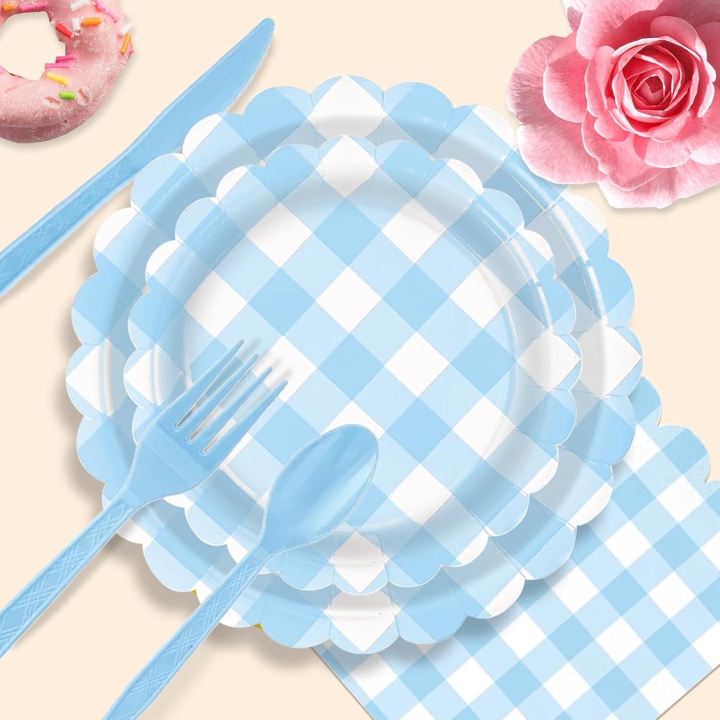 192 PCS Gingham Party Supplies Serve 24 Guests Gingham Plates and Napkins and Cups for Birthday Decorations Baby Shower Checkered Party Supplies Dinnerware Sets for Girl Boy Light Blue