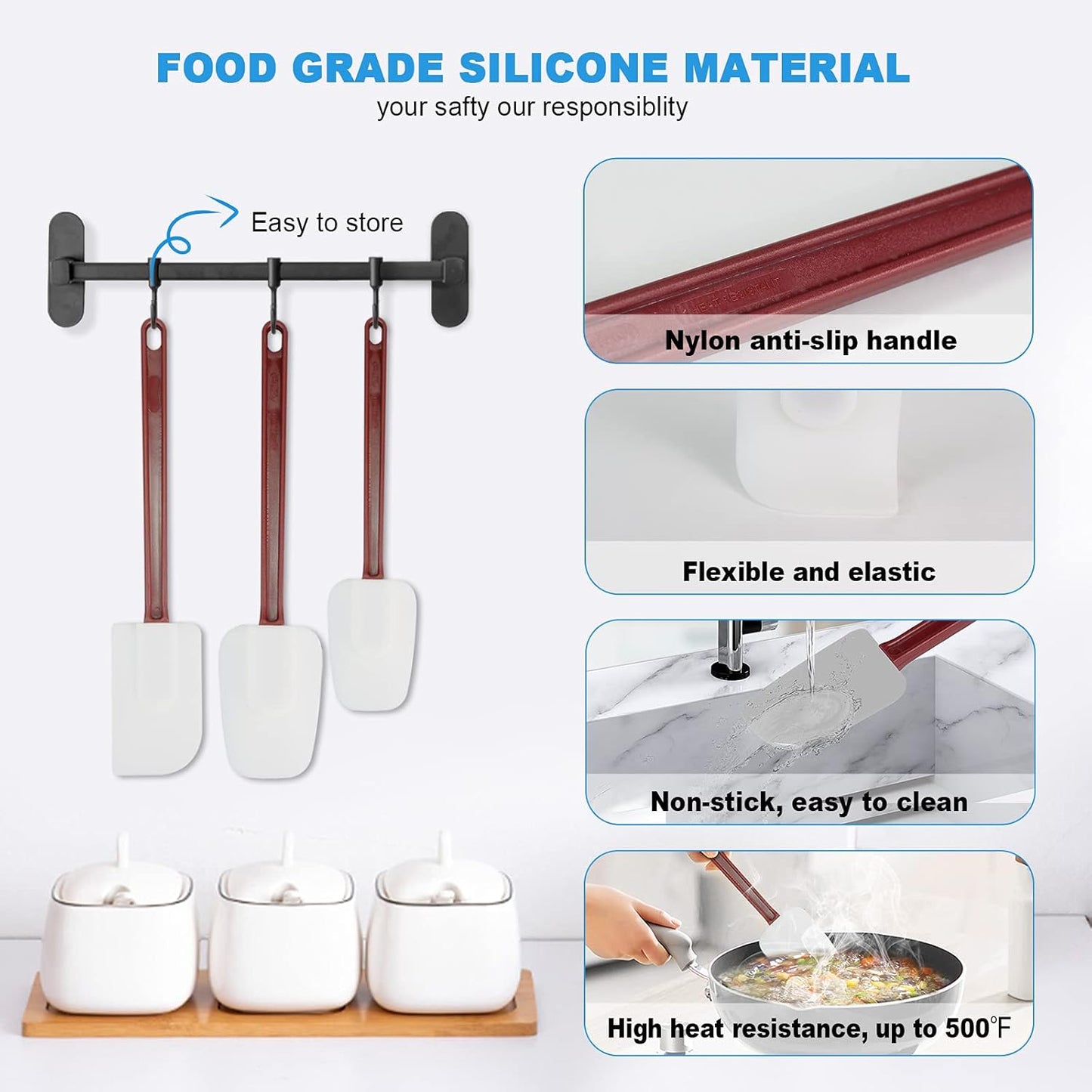 High Heat Resistant Silicone Scraper Spoon Commercial Spatula for Cooking, Rubber Spatula Set of 2 (9.5'')