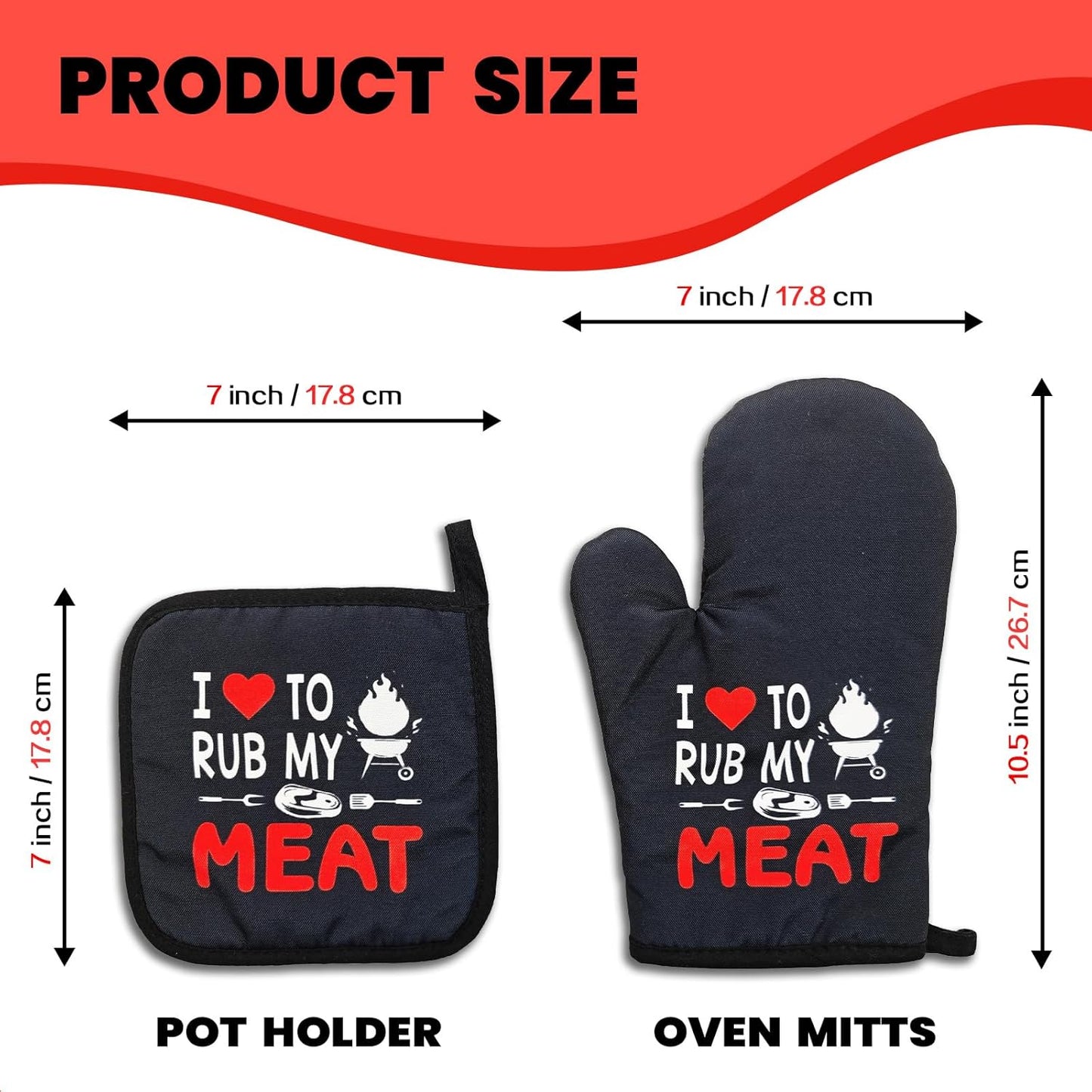 Funny BBQ Kitchen Mitts and Pot Holders（Set of 2） I Love to Rub My Meat Heat Resistant Mitts Funny Silicone Non-Slip Oven Mitts Kitchen Gift for Chef Grilling Master BBQ Lover Friend Family