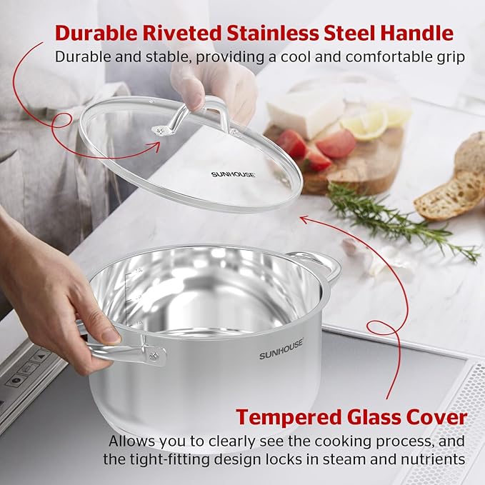 SUNHOUSE 13-Quart Stainless Steel Stockpot w/Tempered Glass Lid - Heavy-Duty, Food-Grade Cookware for Simmering, Boiling, and Induction Cooking - Exceptional Heat Distribution