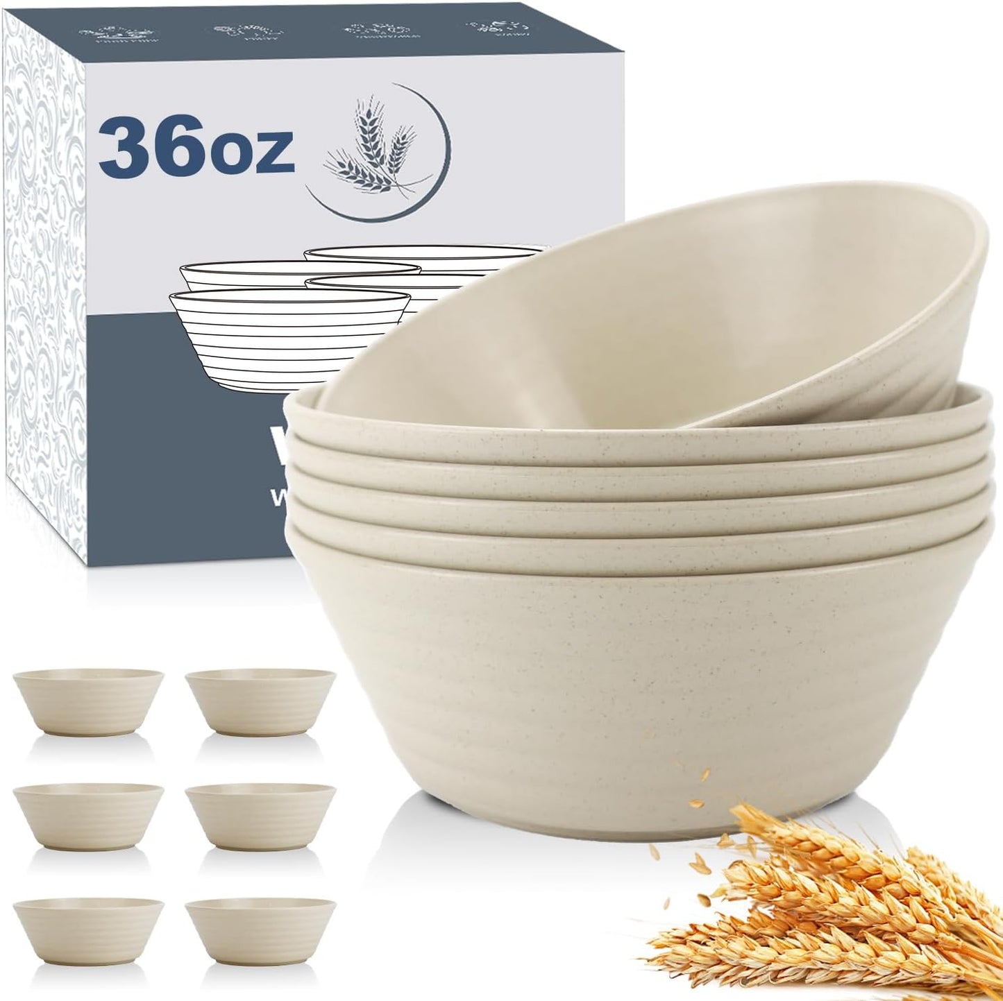 Wrova Wheat Straw Bowl Sets,6 PCS Unbreakable Cereal Bowl 36 OZ,Microwave and Dishwasher Safe Bowls,Soup Bowl Sets for Serving Soup,Oatmeal and Salad （Beige）