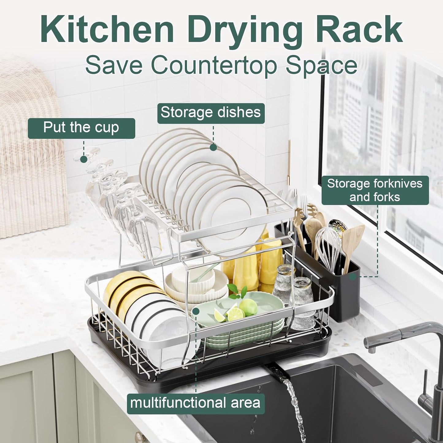 LIYI Dish Drying Rack,Large Dish Rack for Kitchen Counter,2-Tier Dish Racks with draining Tray,Detachable Capacity Dish Drainer Organizer,Black