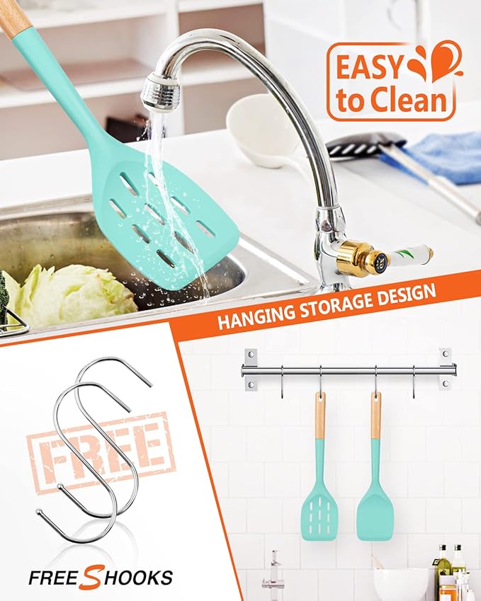 Pack of 2 Silicone Spatula, Non Stick Cooking Utensil Set Stainless Steel Handle Kitchen Turner for Baking Mixing Grilling Serving Food Heat Resistant Non Scratch Hooks Included (Green)