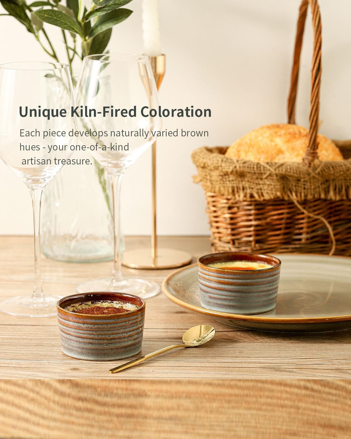 Hasense Creme Brulee Ramekins Oven Safe, 8 Ounce Ceramic Souffle Dish Set of 6, Small Dipping Sauce Bowls for Pudding, Souffle, Serving Dip, Custard, Ice Cream, Light Grey