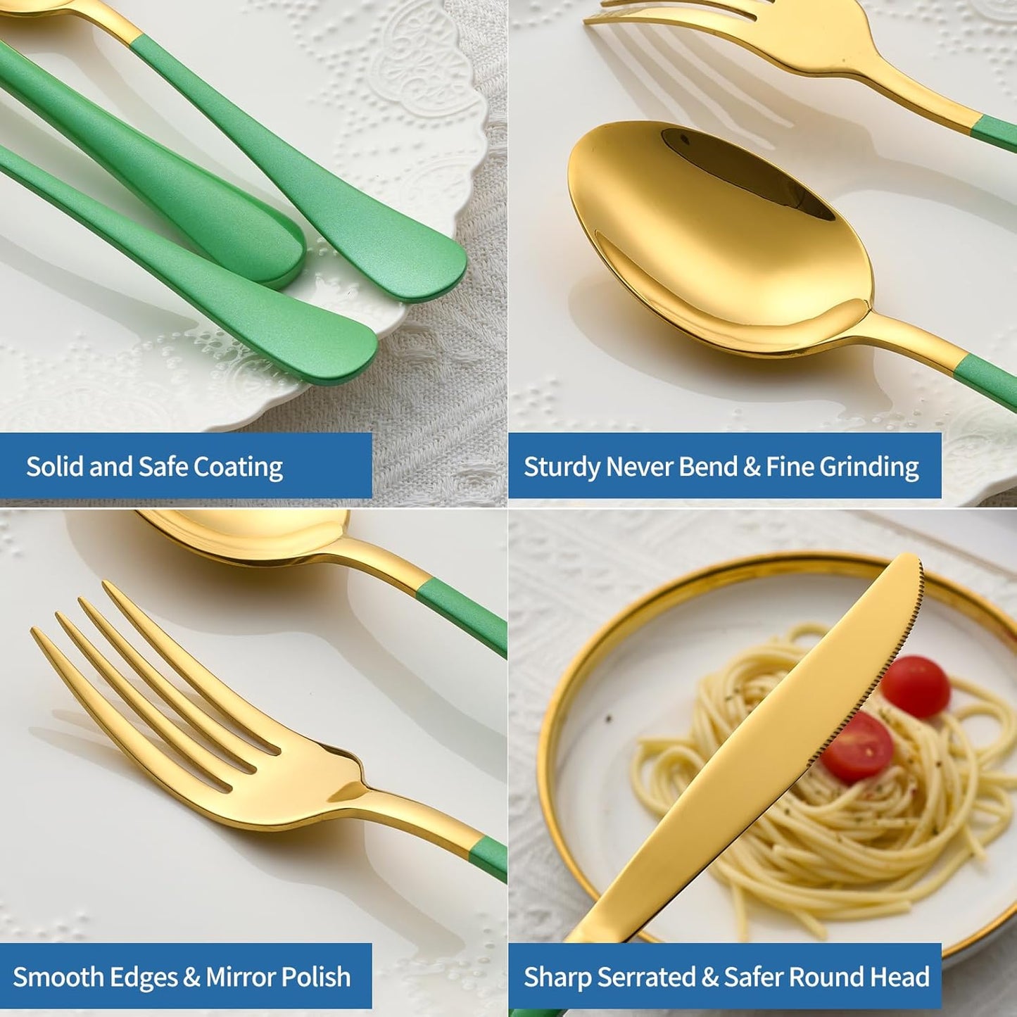 20-Piece Green & Gold Silverware Set, 18/0 Stainless Steel Colorful Handle Flatware Set,Service for 4,Modern Cutlery Set Includes Dinner Knives Forks Spoons,Mirror Polished,Dishwasher Safe