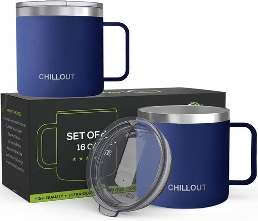 CHILLOUT LIFE 16 oz (Set of 2) Stainless Steel Vacuum Insulated Coffee Mug with Handle and Lid, Large Thermal Camping Coffee Mugs with Sliding Lid for Men & Women